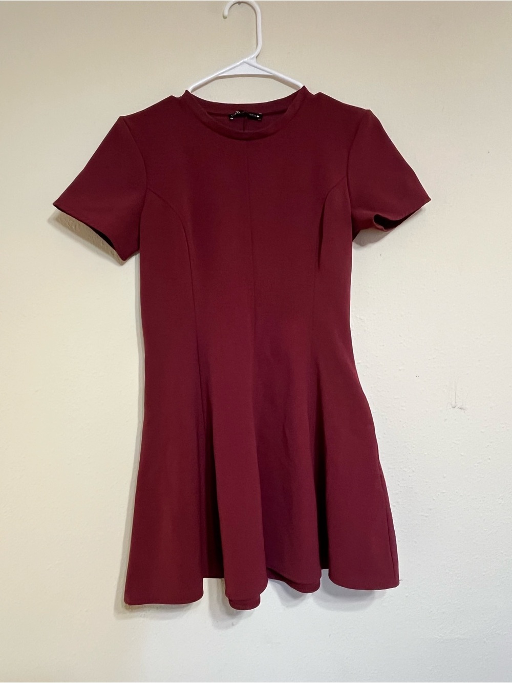 Zara Burgundy Short Sleeve Fit-and-Flare Dress